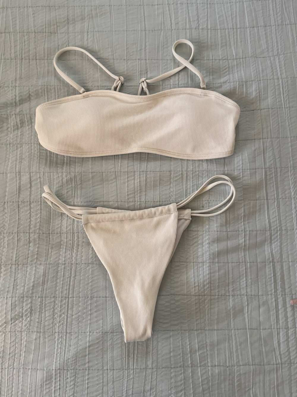 SHEIN Cream Ribbed Bandeau Bikini Set
